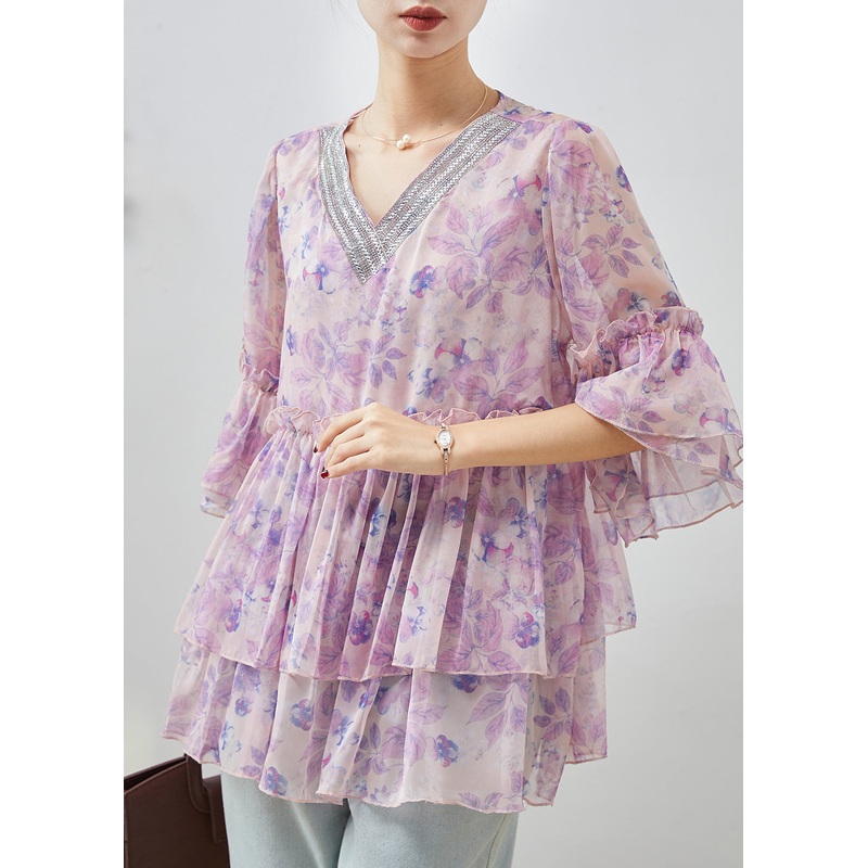 Purple Print Chiffon Shirt Tops Ruffled Flare Sleeve