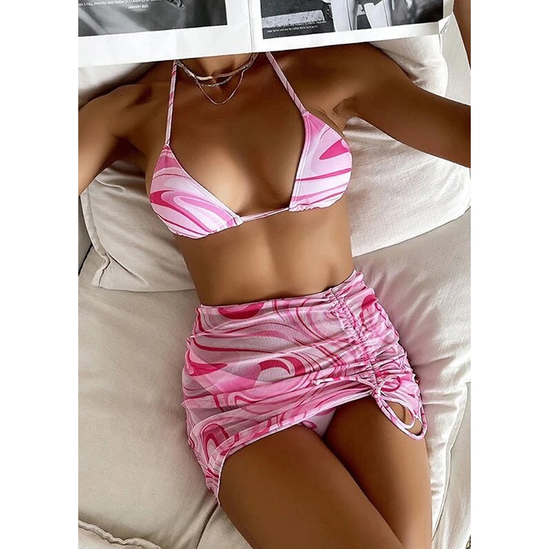 Sexy Pink Cinched Halter Lace Up Swimwear Set