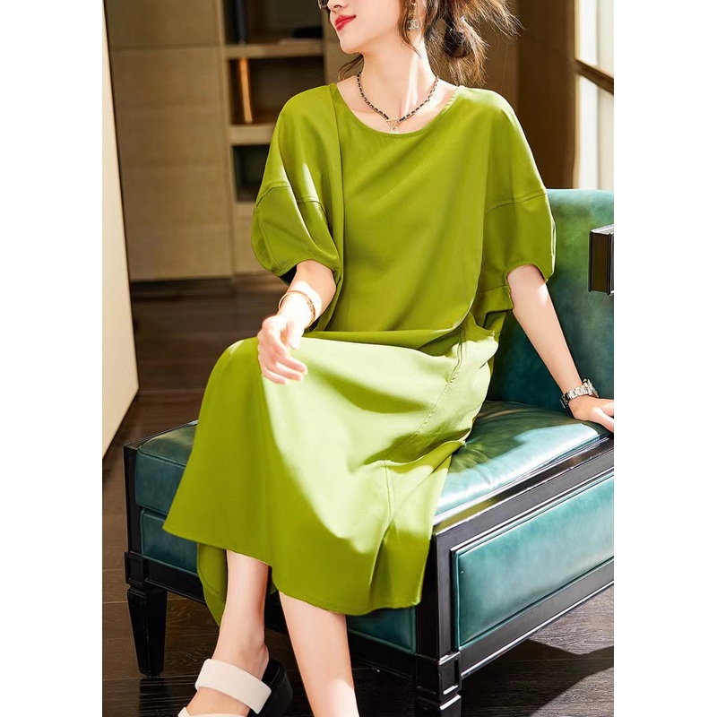 Simple Green O-Neck Patchwork Long Dress Short Sleeve