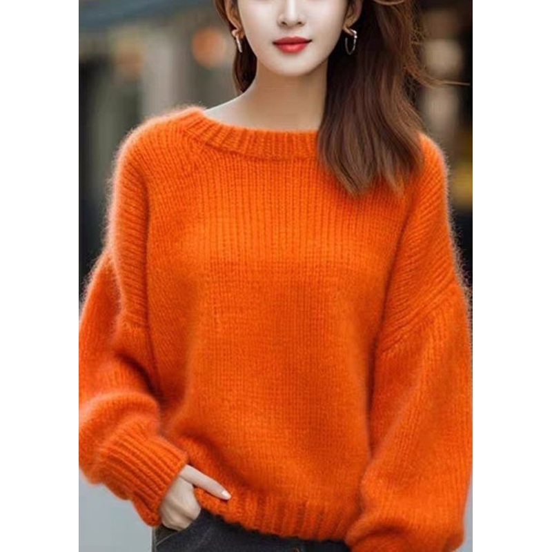 Simple Orange O Neck Solid Cozy Cotton Knit Sweaters Long Sleeve