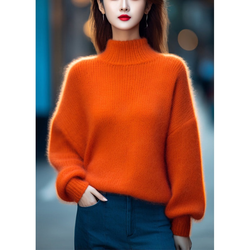 Simple Orange Turtleneck Solid Cotton Knit Top Long Sleeve