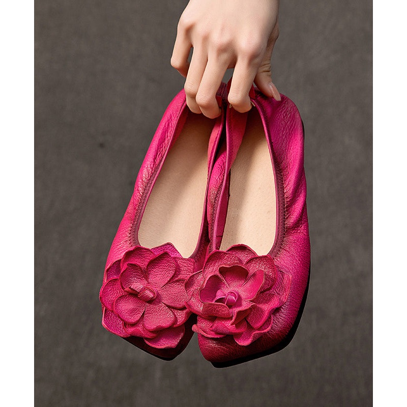 Soft Rose Cowhide Leather Embossed Flat Shoes For Women