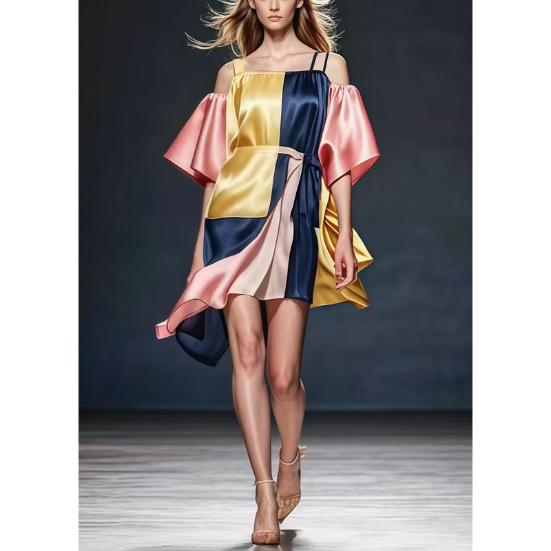 Style Colorblock Asymmetrical Patchwork Silk Sundress Summer