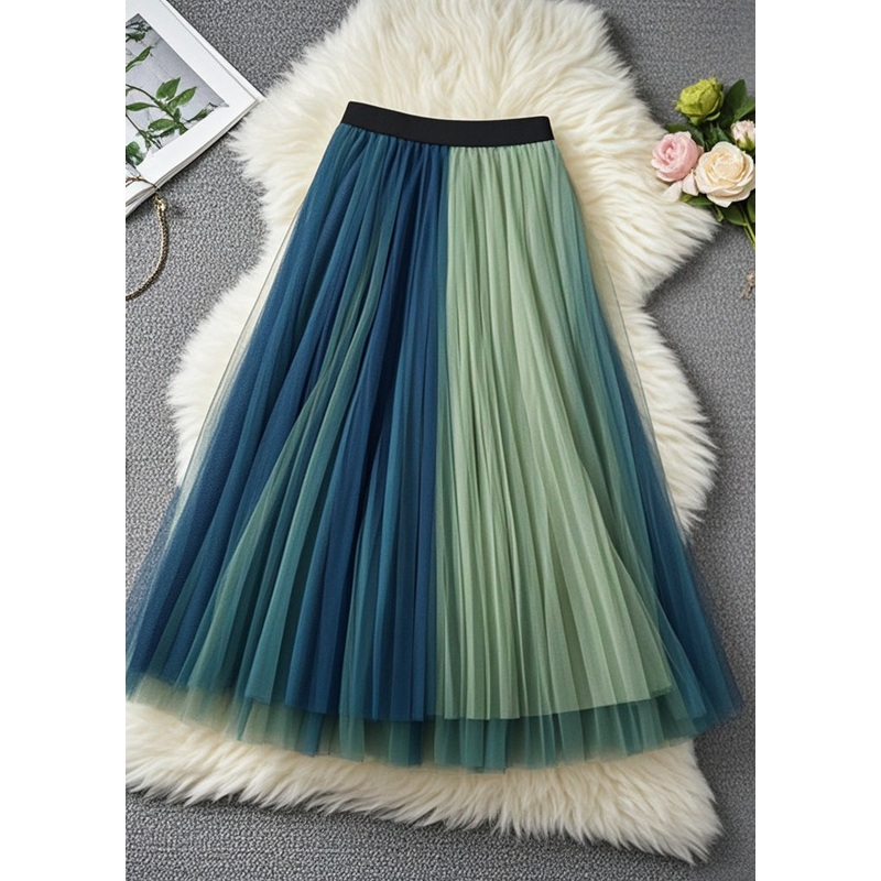 Style Colorblock Elastic Waist Patchwork Tulle Pleated Skirts Fall
