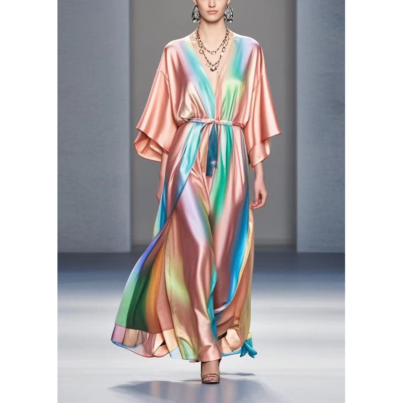 Style Rubber Red Tie Waist Tie Dye Silk Long Dress Fall