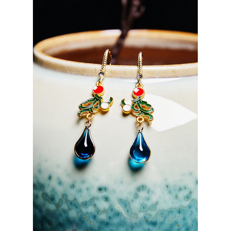 Stylish Peacock Blue Gem Stone Droplet Shape Drop Earrings