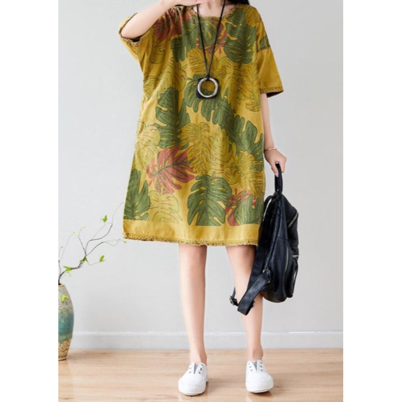 Summer Casual Floral Printed Cotton T-Shirt Dress