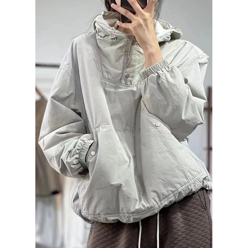 Unique Grey Cinched Hooded Fine Cotton Filled Tops Lantern Sleeve