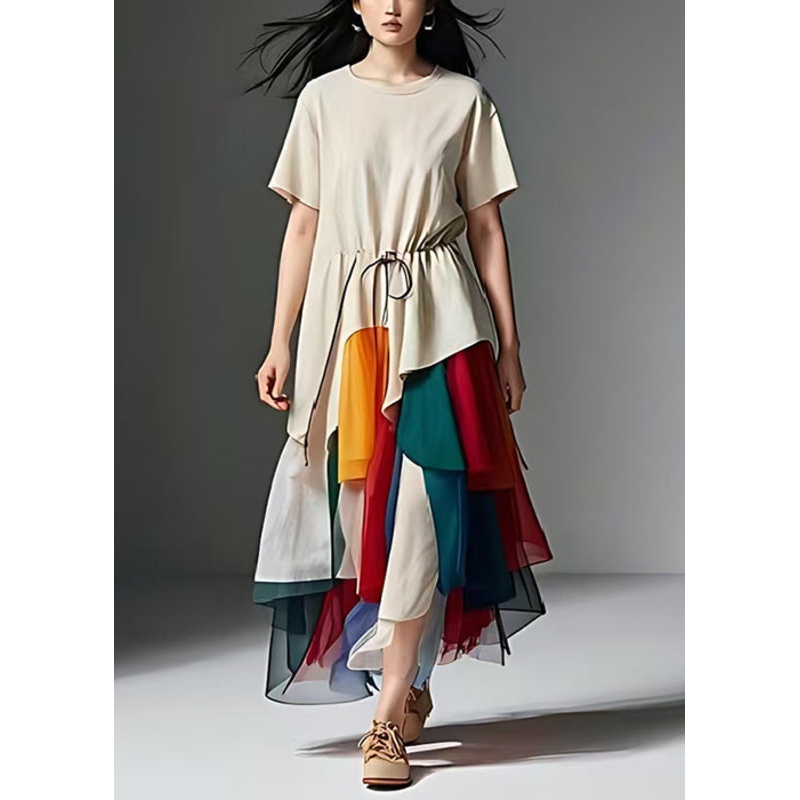 Unique Nude Cinched Patchwork Tulle Cotton Long Dress Summer