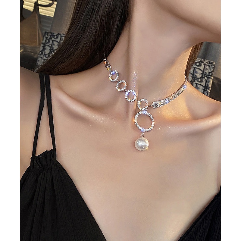 Unique White Alloy Zircon Pearl Tassel Pendant Necklace