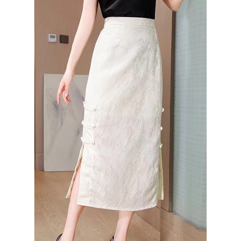 Vintage Apricot Jacquard Chinese Button Side Open Silk Skirts Spring