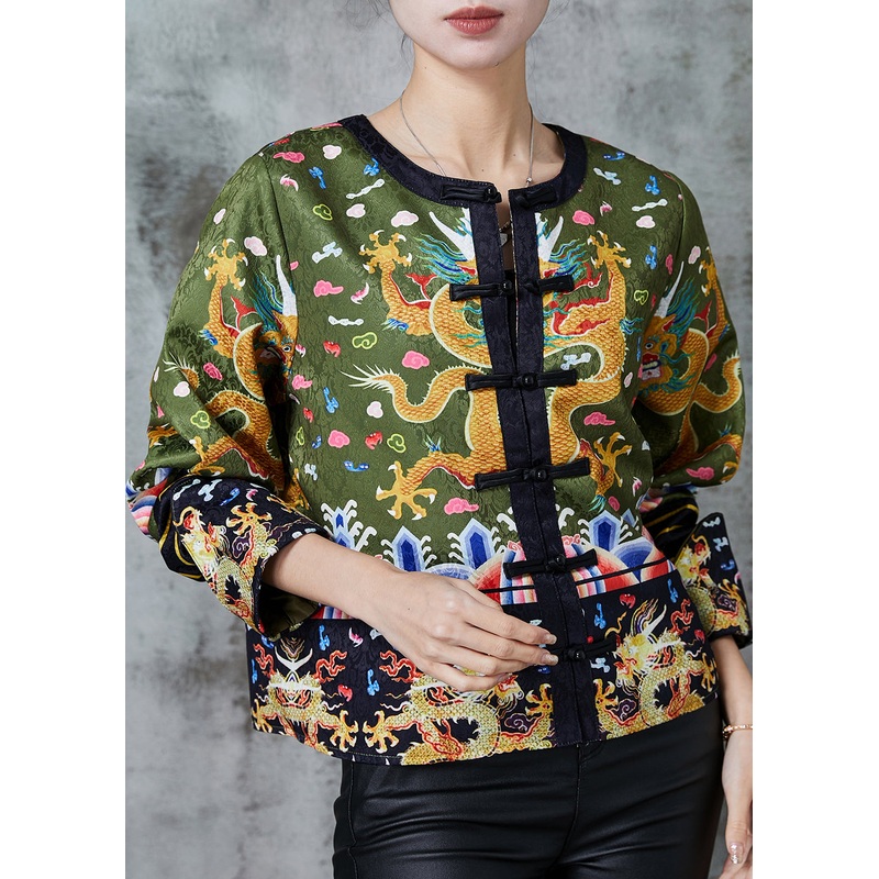 Vintage Green Embroidered Patchwork Silk Coat Spring