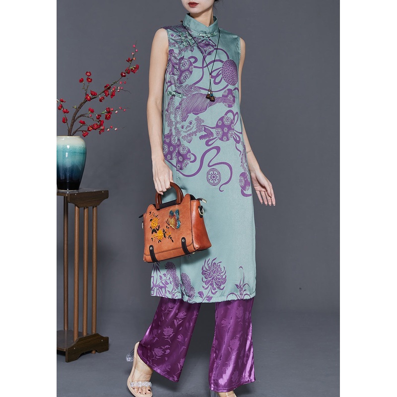 Vintage Green Mandarin Collar Oriental Silk Two Pieces Set Sleeveless