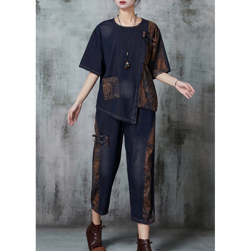 Vintage Navy Asymmetrical Patchwork Denim Two Piece Set Spring
