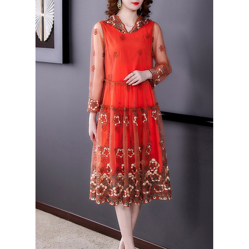 Vogue Orange Embroideried Floral Tulle Hooded Long Dresses Spring