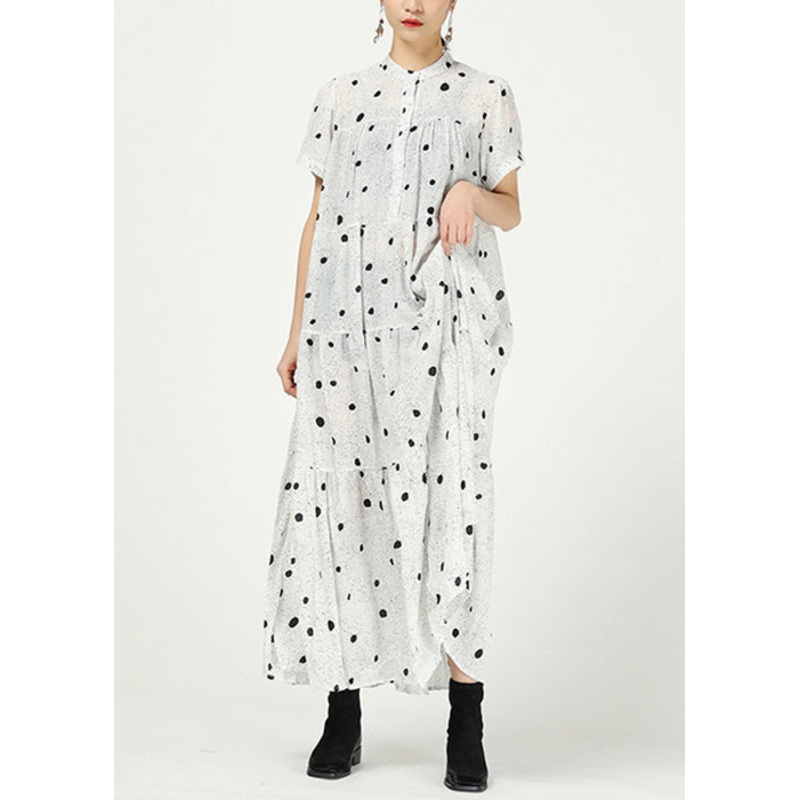 White Button Print Cotton Long Dress Stand Collar Summer