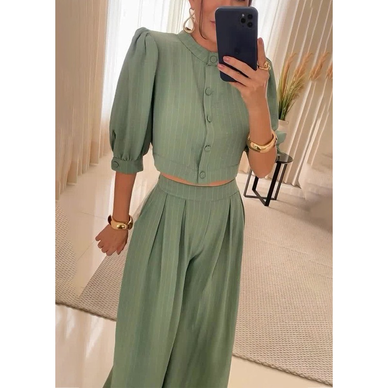 Women Army Green Button Pockets Cotton Two Piece Set Half Sleeve