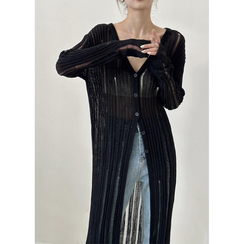 Women Black V Neck Hollow Out Ice Silk Knit Cardigan Fall