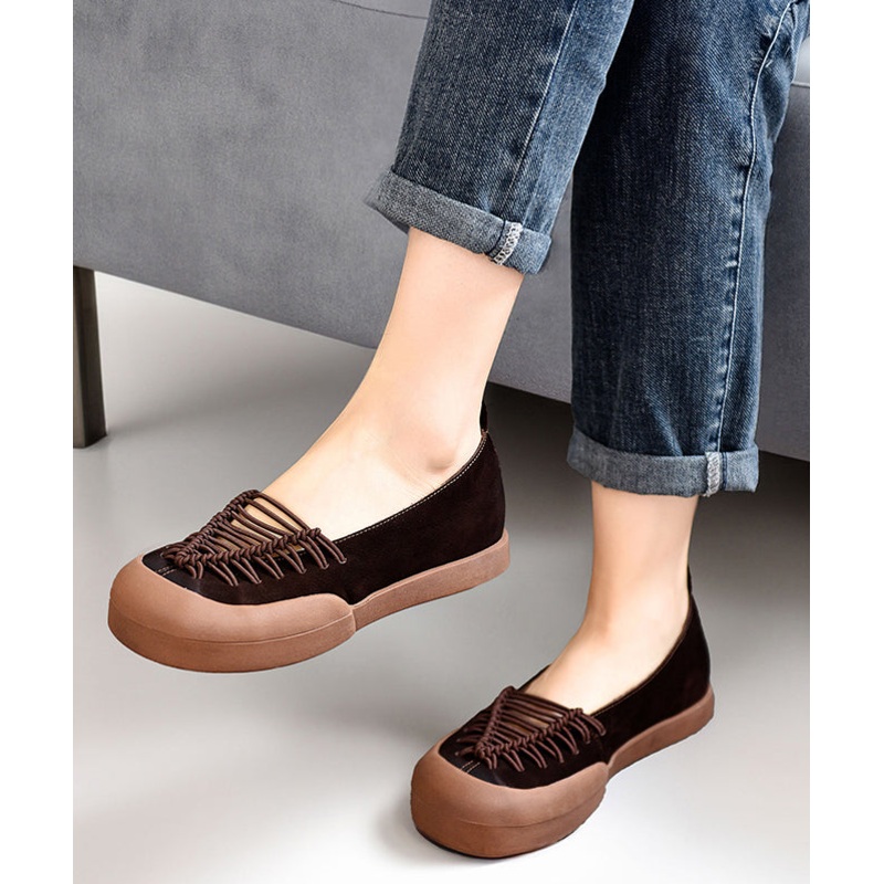 Women Coffee Cross Strap Splicing Platform Flat Cowhide Leather Feet Shoes