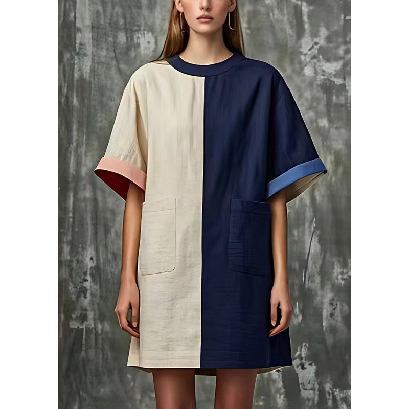 Women Colorblock Oversized Patchwork Pockets Linen Dress Summer