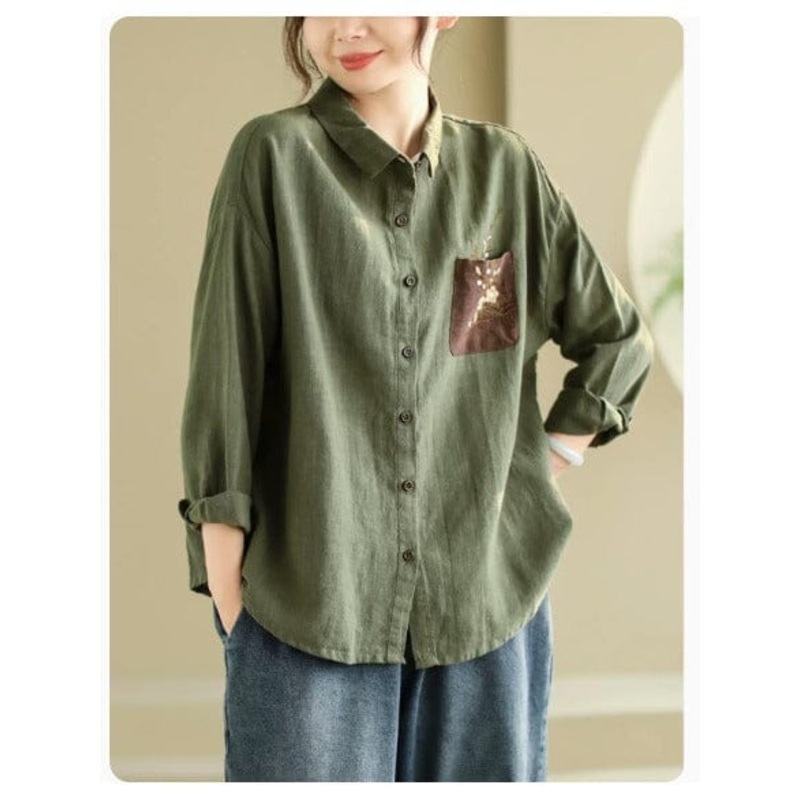 Women Linen Retro Embroidery Loose Blouse