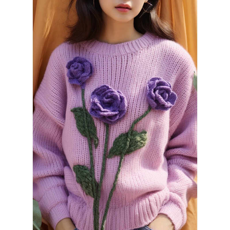 Women Purple Floral Hollow Out Knit Sweaters Winter