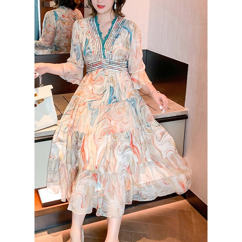 Women V Neck Print Patchwork Silk Long Dress Summer