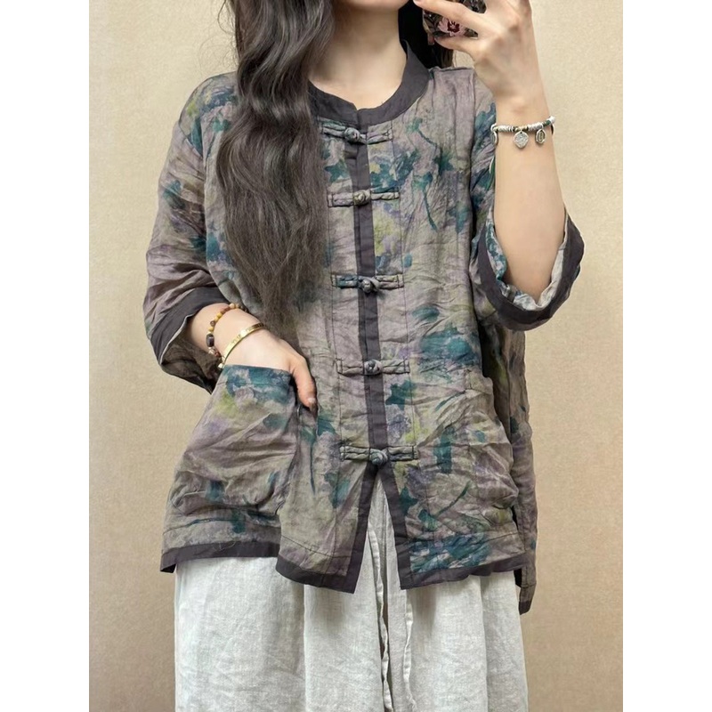 Women Vintage Flower Spliced Button-up Ramie Shirt