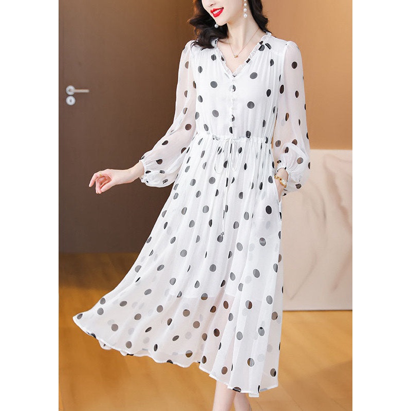 Women White V Neck Print Drawstring Chiffon Dress Lantern Sleeve