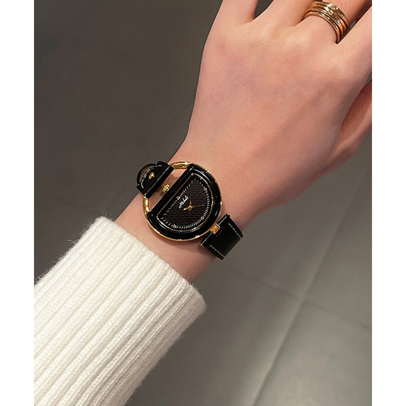 Art Black Leather Quartz Movement Hardlex Crystal Watches