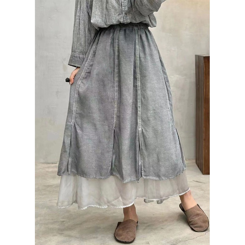 Art Grey Pockets Elastic Waist Cotton Skirt Fall