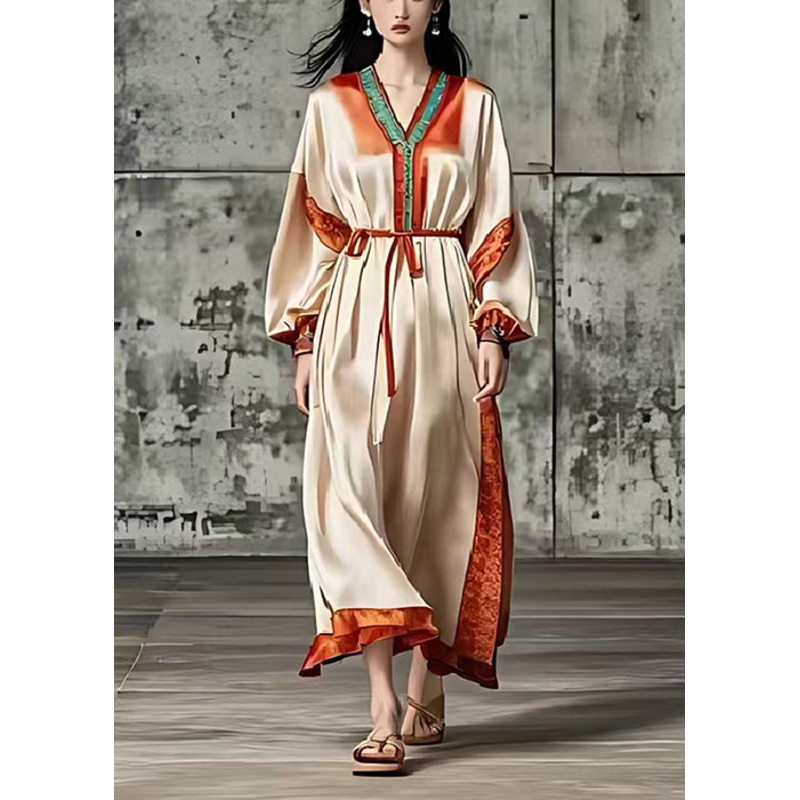 Art Khaki Tie Waist Side Open Silk Vacation Dresses Spring
