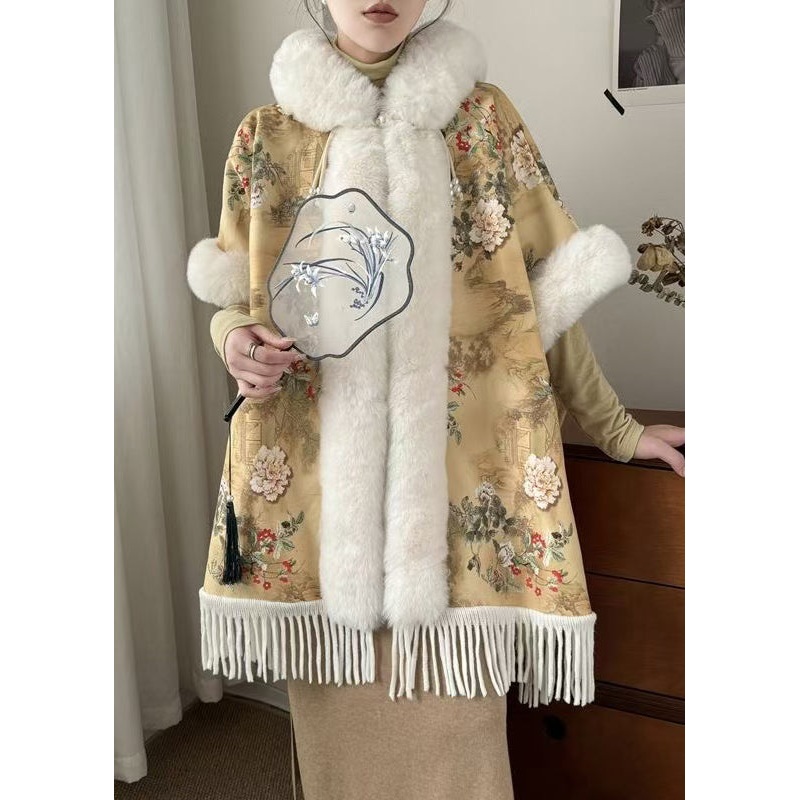Art Yellow Fur Collar Print Side Open Warm Fleece Coats Winter