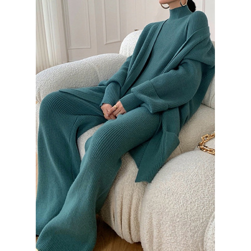 Autumn New Peacock Blue Knitted Wide Leg Pants Sweater And Cardigan 3 Piece Set