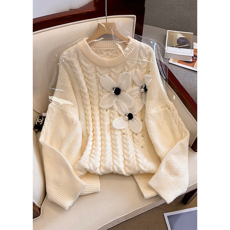 Beige Nail Bead Cozy Knit Sweaters O Neck Winter