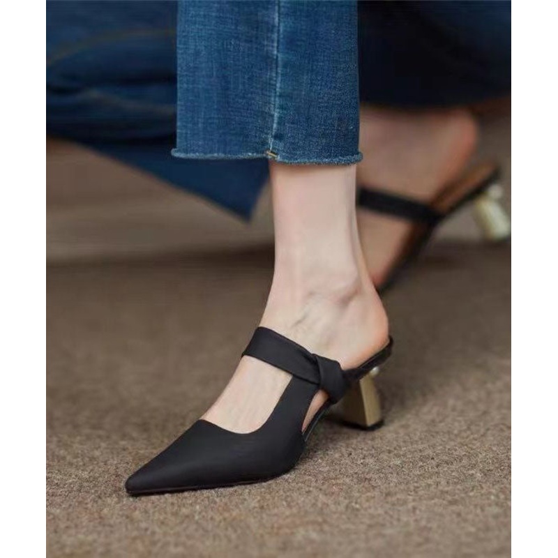 Black Chunky Sheepskin Classy Hollow Out High Heel Slippers
