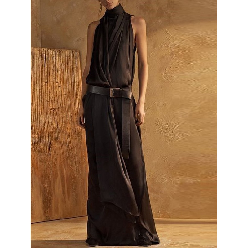 Black Elegant Plain High Neck Sleeveless Loose Maxi Tank Dress