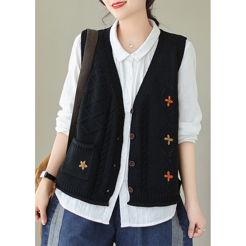 Black Pockets Knit Vest V Neck Button Sleeveless