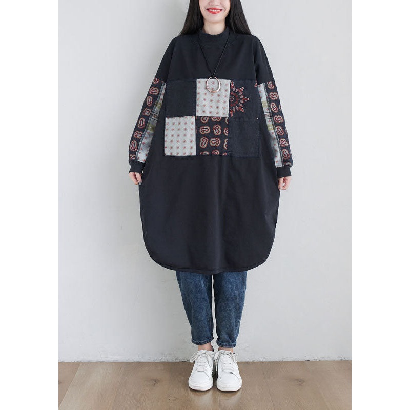 Black Print Cotton Sweatshirts Dress Oversized Side Open Spring