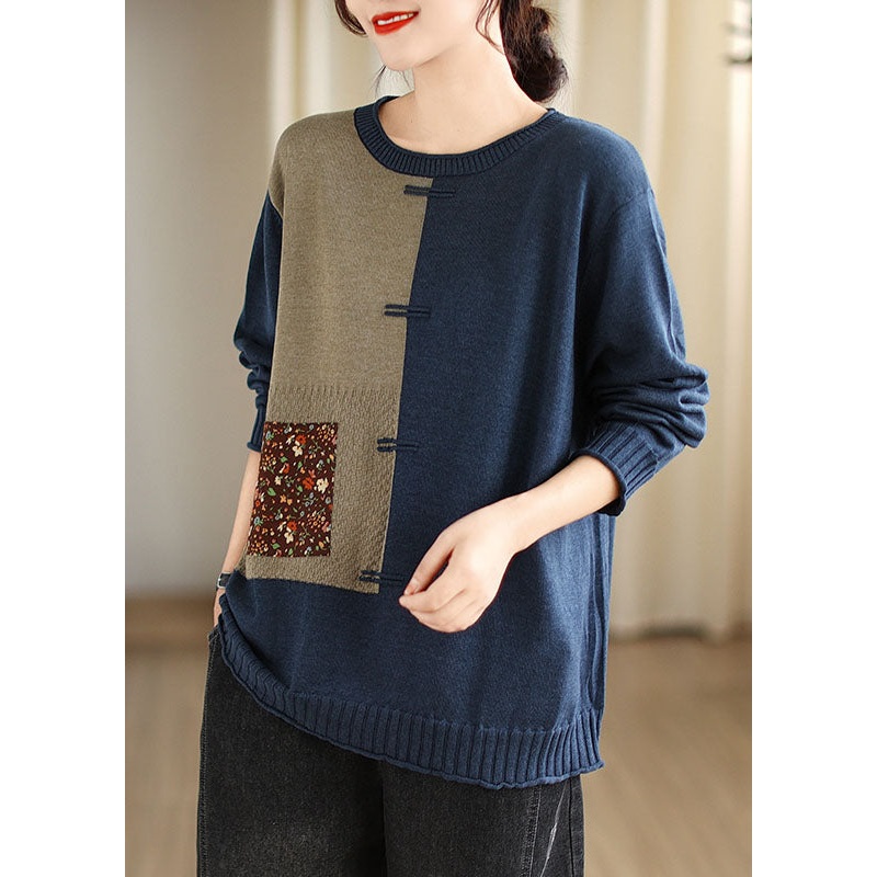 Blue O-Neck Button Cozy Cotton Knit Sweater Long Sleeve