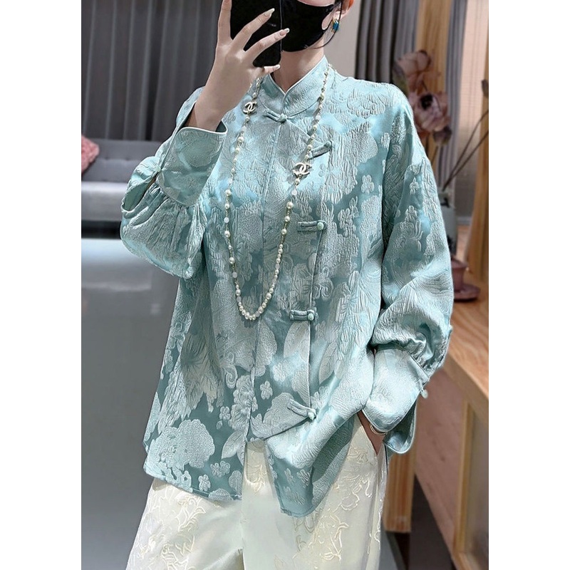 Blue Sky Blue Print Silk Shirt Stand Collar Long Sleeve