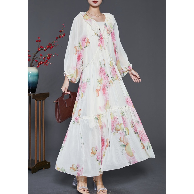 Bohemian Apricot Ruffled Print Chiffon Long Dresses Spring