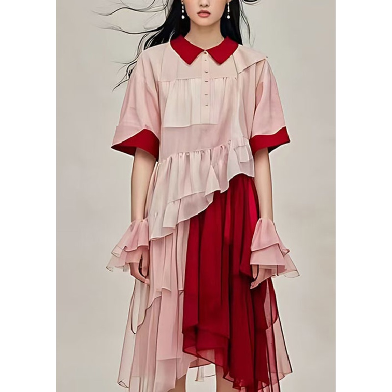 Bohemian Light Pink Asymmetrical Patchwork Cotton Tea Dress Summer