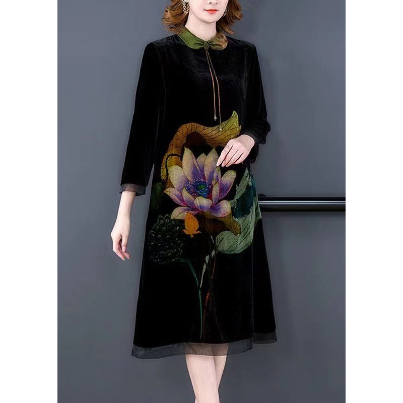 Boho Green Tasseled Lotus Print Silk Velour Dress Bracelet Sleeve