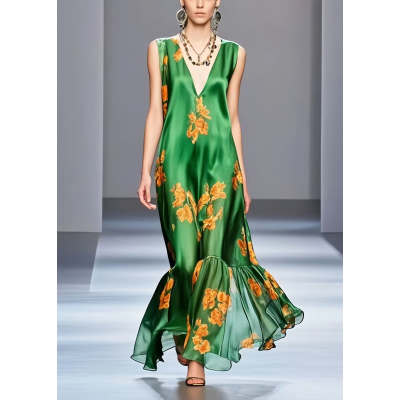 Boho Green V Neck Print Silk Long Dresses Sleeveless