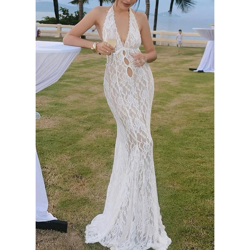 Boho White V Neck Hollow Out Lace Ankle Dress Sleeveless