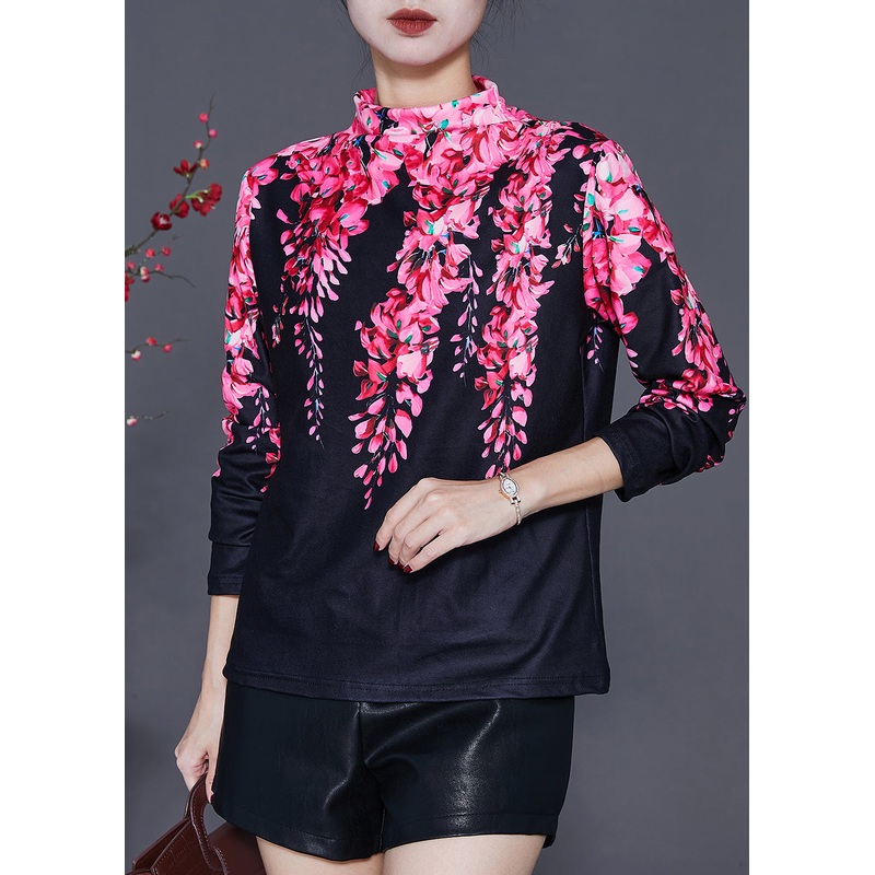 Boutique Black Turtle Neck Print Cotton Blouses Spring