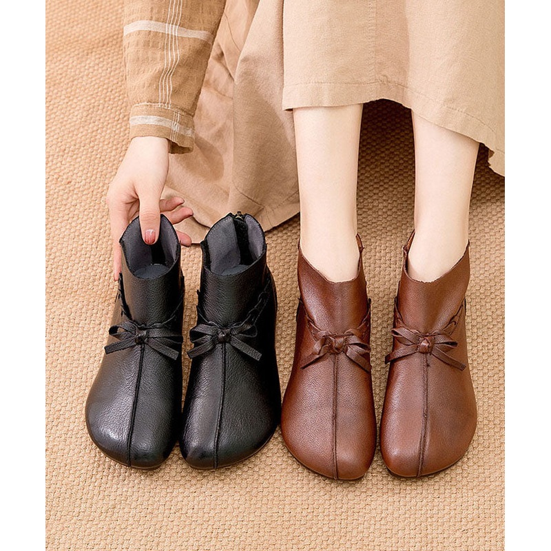 Boutique Bow Cowhide Leather Boots Warm Fleece Ankle Boots