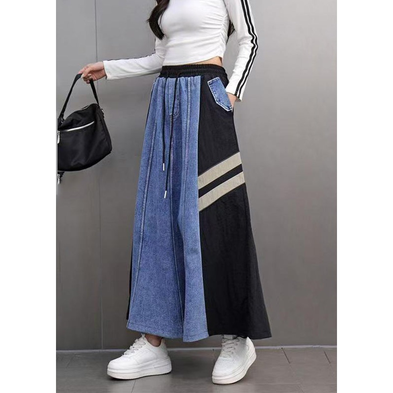 Boutique Colorblock Pockets Striped Elastic Waist Maxi Denim Skirts Spring