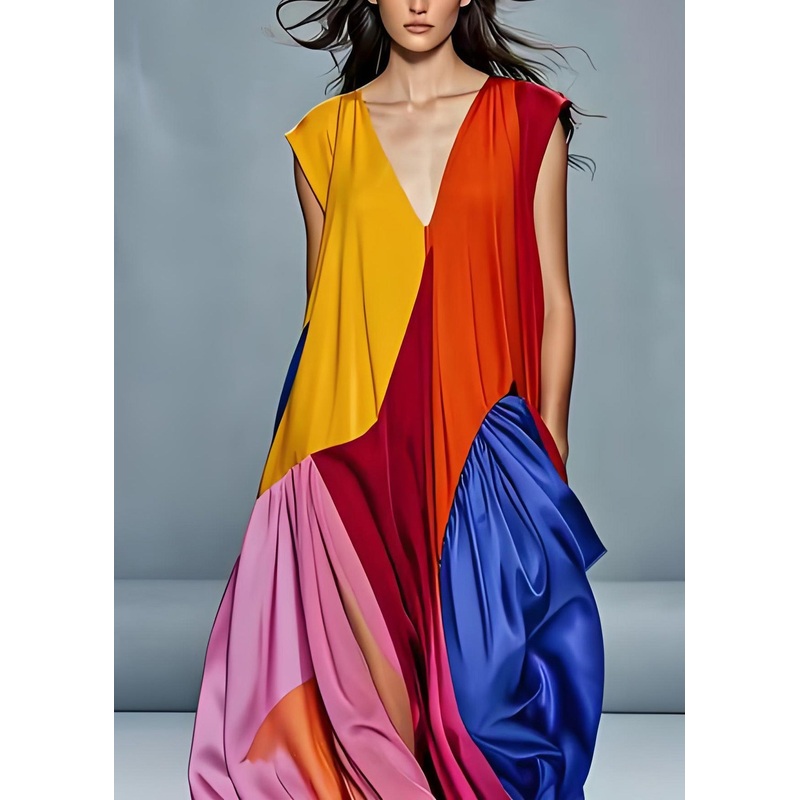 Boutique V Neck Wrinkled Patchwork Silk Long Dress Sleeveless